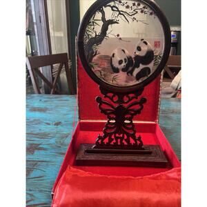 Vintage Chinese Panda Suzhou Double Sided Silk Embroidery Wooden Screen